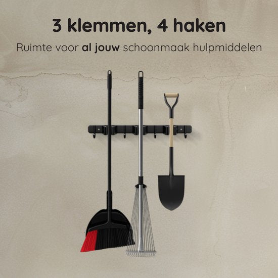 Volcan Bezemhouder - Bezem Ophangsysteem Tuingereedschap - Gereedschapshouder - 3M Tape - 3 Houders 4 Haken - RVS Zwart