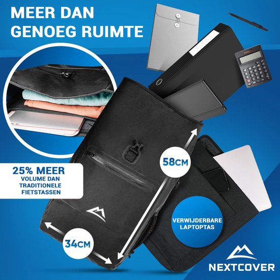 NEXTCOVER® NIEUW 3-in-1 fietstas voor bagagedrager [Aquashield] - Reflecterend bagagedragertas waterdicht - rugzak en schoudertas [25 liter]- Zwart