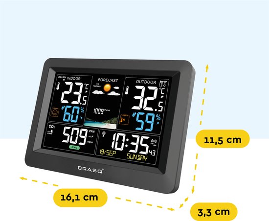 BRASQ Draadloos Weerstation binnen en buiten met CO2 meter - Hygrometer - Met buitensensor tot 60 meter - Luchtvochtigheidsmeter - Thermometer - Barometer - inclusief batterijen