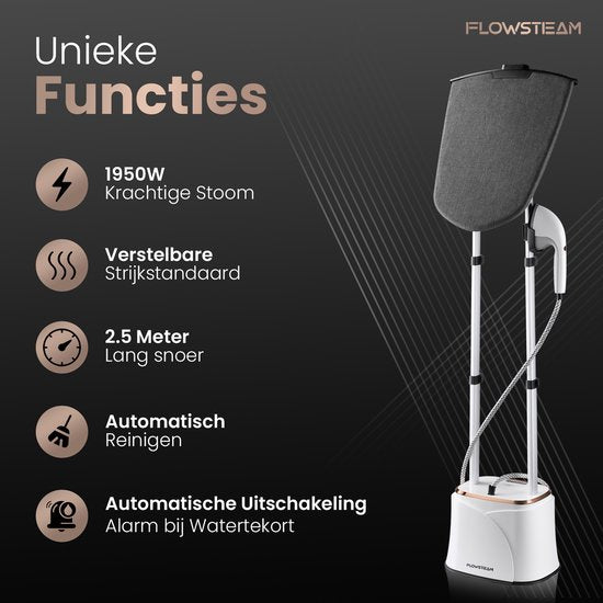 FLOWSTEAM® PRO Kledingstomer - Handstomer - Stoomreiniger - Stoomapparaat Kleding - 150 Minuten Stomen - 2.5M Snoer - Wit