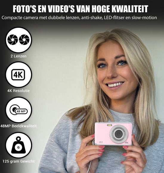 K&L Digitale Camera 4K - Fototoestel - Fotocamera - Compact Camera - Vlog Camera - Voor Kinderen - Inclusief 64GB - NL Software - Roze