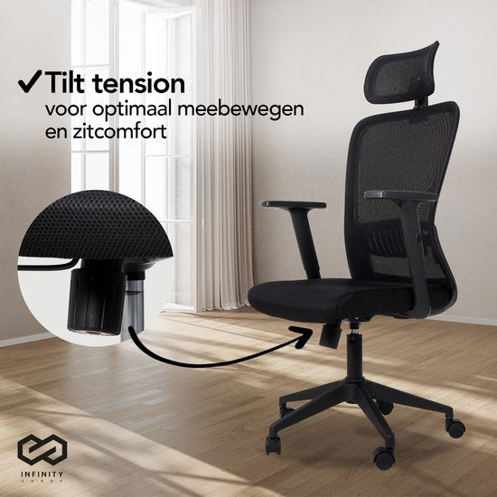 Infinity Goods Ergonomische Bureaustoel - Bureaustoelen Voor Volwassenen - Volledig Verstelbaar - Office Kantoor Chair - Zwart