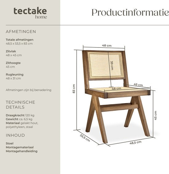 tectake® Houten Stoel Lizzy - Licht Eiken - Eetkamerstoel met Weens Vlechtwerk - Boho-Stijl Stoel met Rugleuning - Massief Houten Frame - Belastbaarheid 120 kg