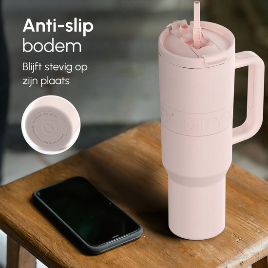 ONYX Drinkfles met Rietje 1.2 Liter - Waterfles voor Kinderen & Volwassenen - Thermosbeker Travel Mug - Motiverende Drinkbus - Drinkbeker voor School - Roze