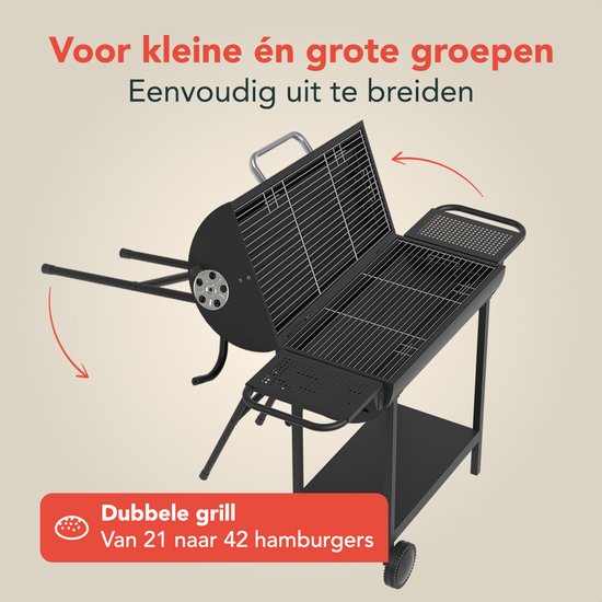 KitchenBrothers 2-in-1 Houtskool BBQ XL met Verstelbare Luchtroosters - Zwart - 52 x 131 x 110 cm