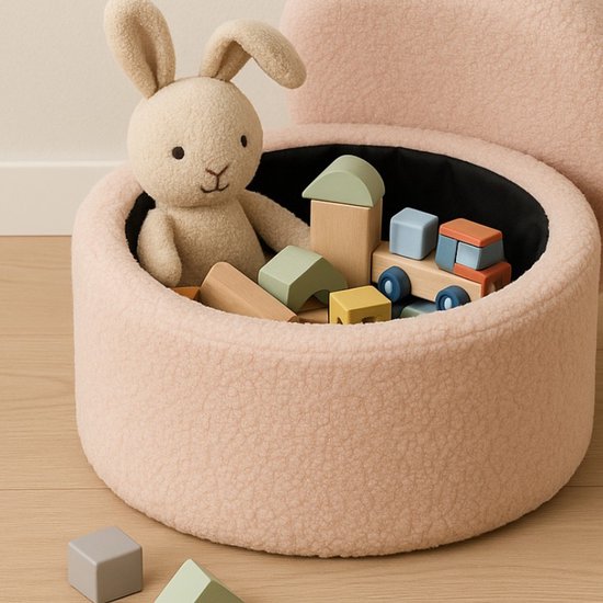 Ceruzo Kinderpoef – Roze Opbergstoel – Teddy Boucle– Zachte rugsteun- Ø 35 -H28 cm