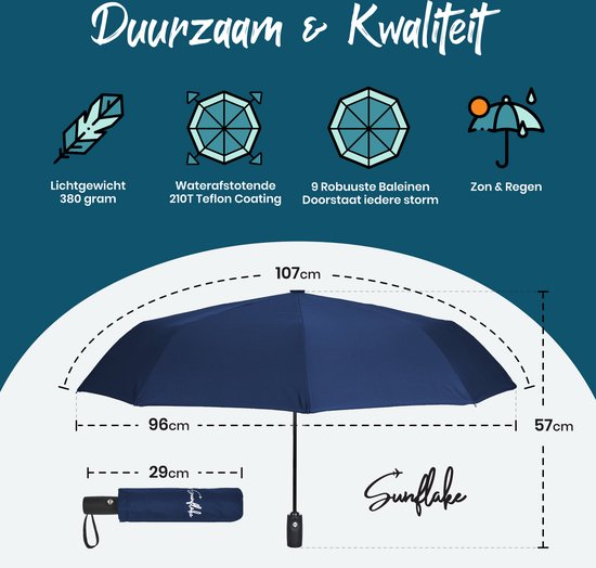 Stormparaplu Opvouwbaar - Stormbestendig tot 140km/u - Automatisch Uitklapbaar - Incl. Beschermhoes en Reisetui - Blauw - Sunflake