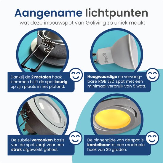 Gologi Slimme Inbouwspots - Smart LED Downlight Dimbaar - Kantelbaar - RGB+CCT Licht - Gu10 LED Lamp - Wit