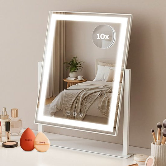 Fraay® Hollywood Spiegel met Verlichting 41x30cm - 3 Lichtstanden - Make Up Spiegel met 10x Vergrootspiegel - LED Strip Verlichting Dimbaar - Incl. Beauty Blenders en Powder puff