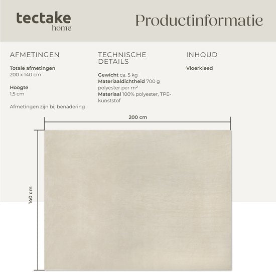 tectake® Kortpolig Vloerkleed -140 x 200 cm - Beige - Tapijt voor Woonkamer, Slaapkamer, Eetkamer - Onderhoudsvriendelijk en Wasbaar - Antislip Ondertapijt - Allergievriendelijk - Diverse maten en kleuren