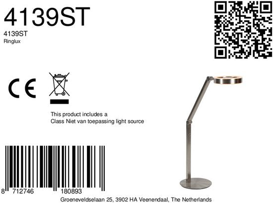 Tafellamp Ringlux 4139ST van Steinhauer - Elegante lamp van geborsteld staal, hoogte verstelbaar van 40 tot 75 cm, met dubbele LED-verlichting en touchdimmer.