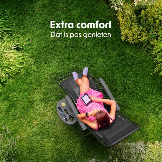 LifeGoods Ligstoel Comfort - Opvouwbaar - 30°-90° Verstelbaar - Beker en Telefoonhouder - Tuinstoel - Zwart