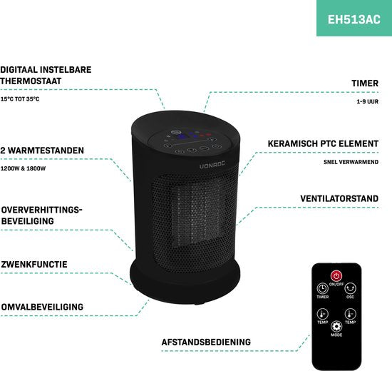 VONROC Elektrische kachel - ventilatorkachel - 1200W/1800W - keramisch - 3 standen - thermostaat - timer - LED-scherm - zwenkfunctie – incl. afstandsbediening - 20m2