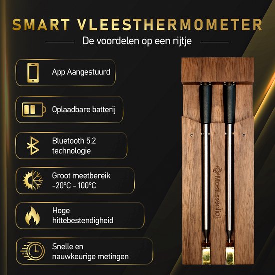 MostEssential Smart Vleesthermometer - 80M Bereik - 36 Uur - Bluetooth 5.2 - 2000mAh - Double Probe Dark Brown Edition