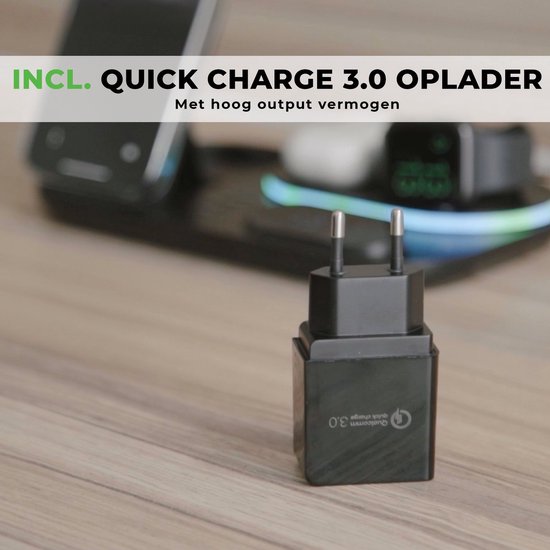 iSetchi Draadloze Qi Oplader 15 Watt Snellader (4-in-1) - Met Quick Charge 3.0 adapter, LED Klok & LED Lamp - Qi Oplaadstation