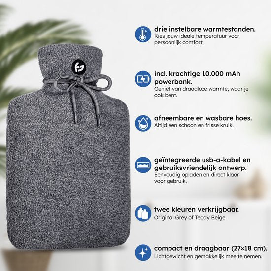 Elektrische Kruik – 3 standen – Kruik – 10.000 mAh Powerbank – Wasbare Hoes – Oplaadbare Kruik – Original Grey – Saaf Comfort