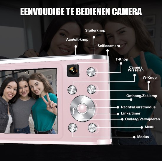 K&L Digitale Camera 4K - Fototoestel - Fotocamera - Compact Camera - Vlog Camera - Voor Kinderen - Inclusief 64GB - NL Software - Roze