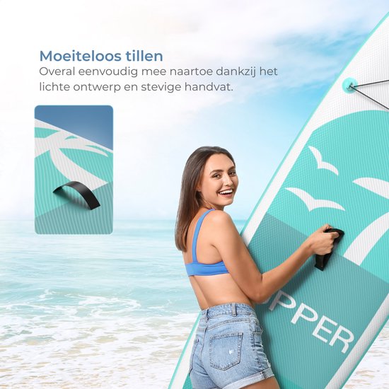 Supper Sup Board XL - Max. 220KG - Opblaasbaar – Paddle Board – Waterdicht Telefoonhoesje – Pomp – Vin – Leash – Draagtas – 335 x 81 cm - Turqoise