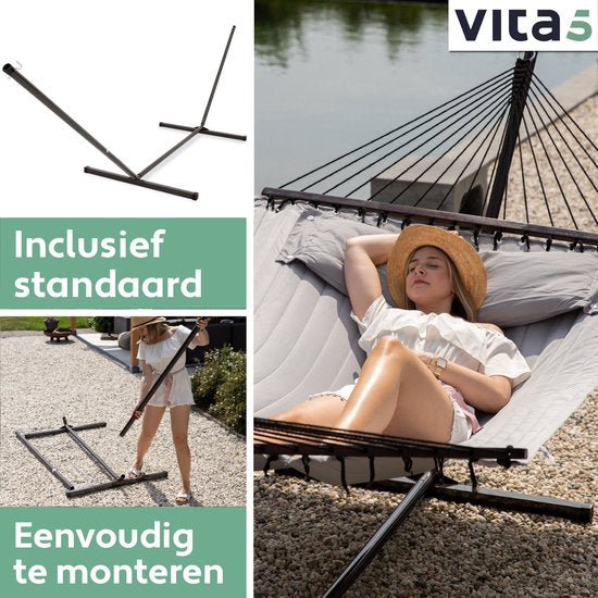 Vita5 Hangmat – 2-Persoons met Standaard – Draagvermogen 200 kg – 350 x 120 x 140 cm – Grijs