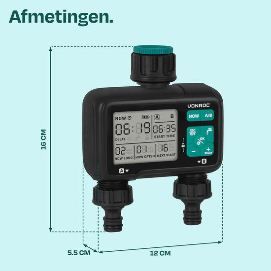 VONROC 2-weg watertimer – Besproeiingscomputer voor 2 zones – Instelbare bewateringstijd en - frequentie per zone