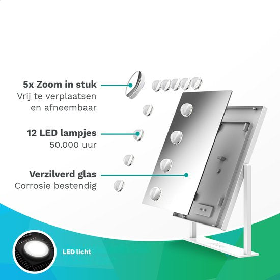 Mirlux Make Up Hollywood Spiegel met Verlichting (44x30cm) - Visagie - Dimbaar LED Lampen Licht - 13 Lampen - Wit
