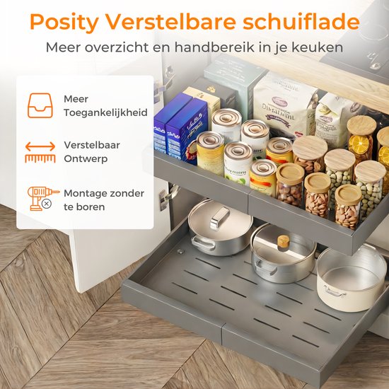 Posity Schuiflade – Keukenkast Organizer – Gootsteenkast/Lade Organizer - binnenlade keuken – Uittrekbaar en Verstelbaar (32-52 cm) – Telescopisch – Grijs