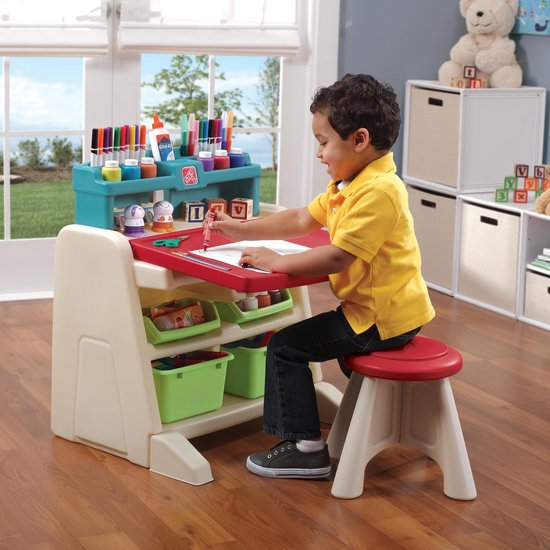 Step2 Flip & Doodle Ezeltje Bureau met stoel voor kinderen - 2-in-1 kinderbureau en schildersezel van plastic / kunststof - Knutseltafel met opbergruimte