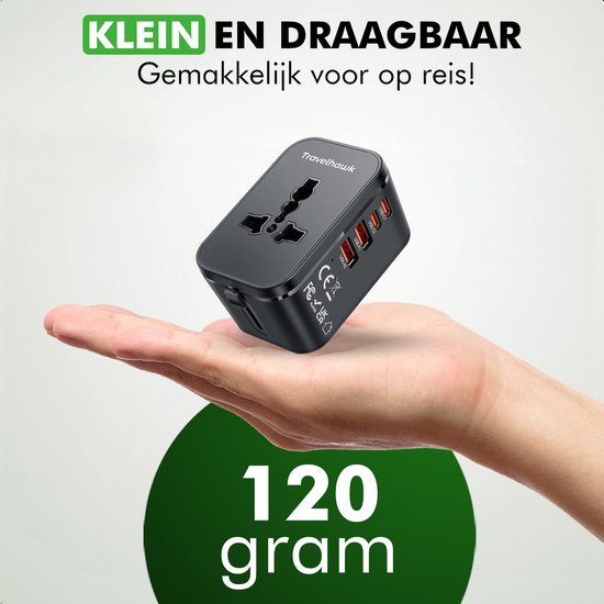 Travelhawk Wereldstekker met 2x USB-C en 2x USB Poort - Reisstekker - USB stekker - Internationale Reisstekker voor 150+ landen - Amerika (USA) - Engeland (UK) - Australië - Azië - Zuid Amerika - Afrika - Wereldstekkers - Zwart