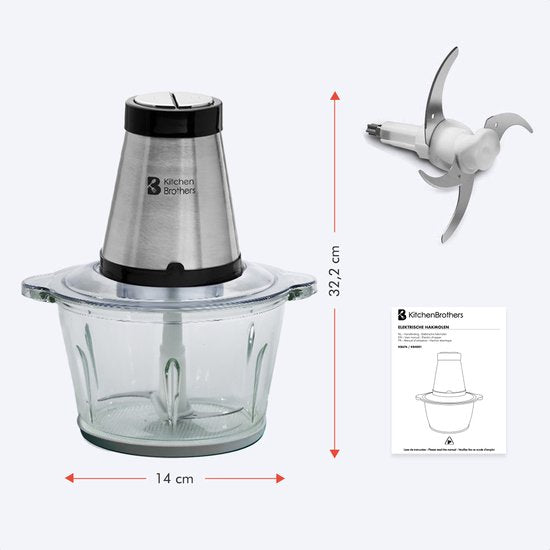 KitchenBrothers Hakmolen - Food Chopper - Elektrisch - 2 Snelheden - 300W - 1,8L - Glazen Kom