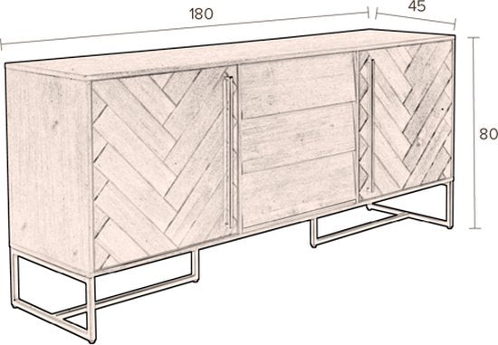 Dutchbone - Class Dressoir - 180 x 45 x 80 cm - Naturel Acaciahout & MDF - Messing Look Onderstel - Elegant Design - Ruime Opbergkast
