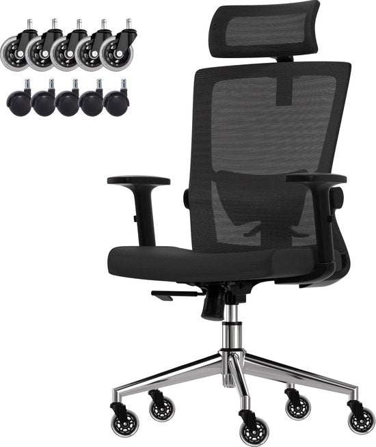 LifeGoods Ergonomische Bureaustoel - Extra Anti-Kras Wielen - NEN1335-gecertificeerd - Gamestoel - Office Chair - Volwassenen - Kantoorstoel - Zwart/Chroom