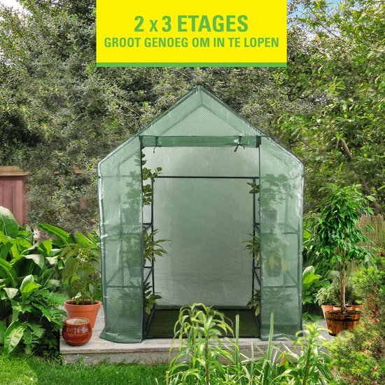 Kinzo Garden Broeikas - Plastic Kweekkas - Tuinkas met 3 Verdiepingen - Metalen Frame - Waterbestendige Hoes - 143 x 73 x 195 CM - Groen
