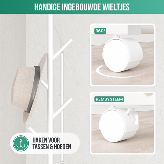 Avalo Kledingrek op Wieltjes Wit - Metaal - 100x40x156 - Opbergruimte Voor Schoenen