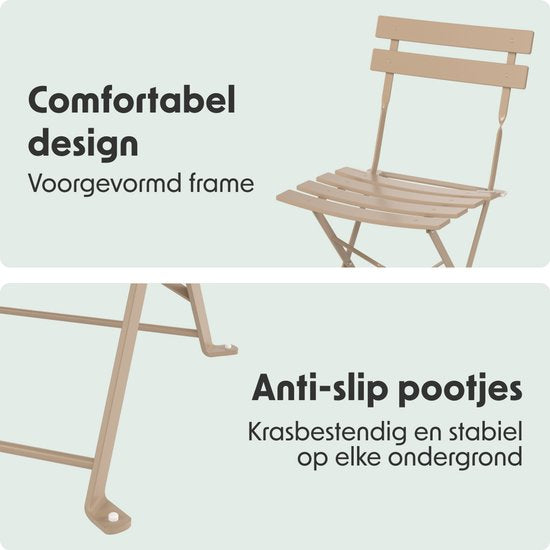 LifeGoods Bistroset - Staal - 3-delig - Tuinset - Inklapbaar - Balkonset met Tafel - Weerbestendig - Taupe
