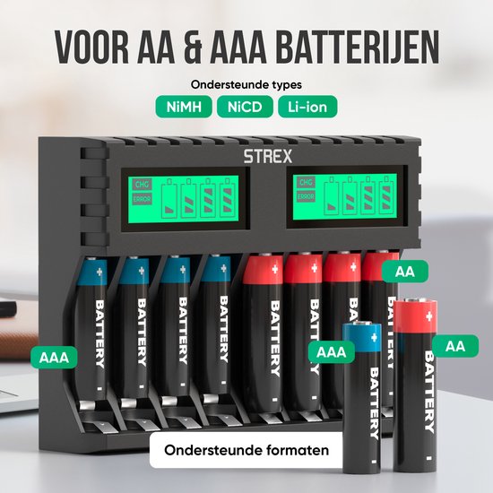 Strex - Batterij Oplader - 8x AA/AAA Batterijen - USB Oplaadbaar - LCD Display - Universele Batterijlader Voor Oplaadbare Batterijen