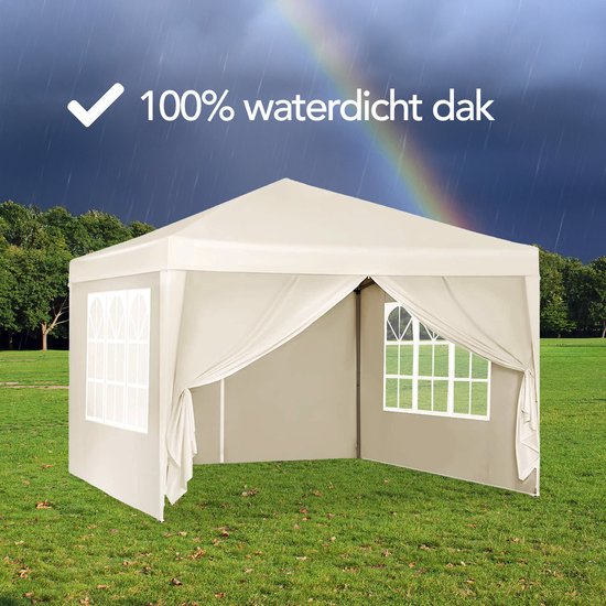 Brixy Partytent - Paviljoen - Easy Up - Opvouwbaar - Met Zijwanden - Waterdicht - Met Draagtas - 300 x 300 cm – Crème
