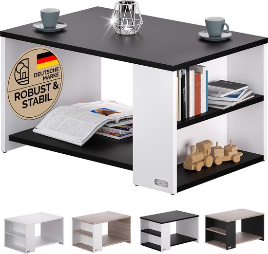 CASARIA Salontafel Opbergvakken – Draagvermogen 50kg 90x59x48cm – Zwart Wit
