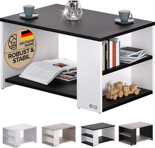 CASARIA Salontafel Opbergvakken – Draagvermogen 50kg 90x59x48cm – Zwart Wit