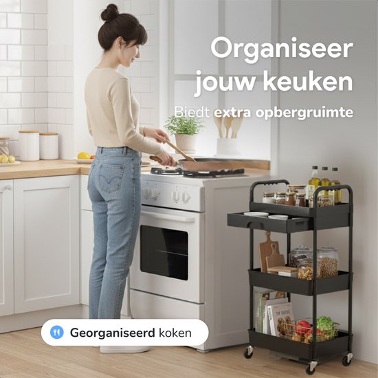 Keuken trolley met lade op Wieltjes - 3 laags - Keukenrek - Serveerwagen - Kastje - Karretje - Opberg - Douche kastjes staand - Rekje - Zwart - Luft