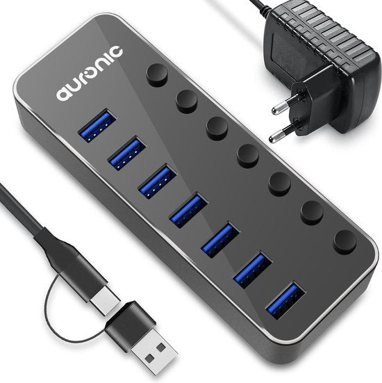 Auronic USB Hub 3.0 - USB Splitter met 7 Poorten - met Voeding - 5 GBPs - Led Indicatie - Zwart