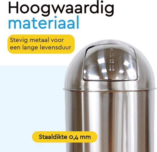 BRASQ Push Bin Prullenbak RVS Vuilnisbak met uitneembare afvalemmer 30 liter - Afvalbak - Prullenbakken