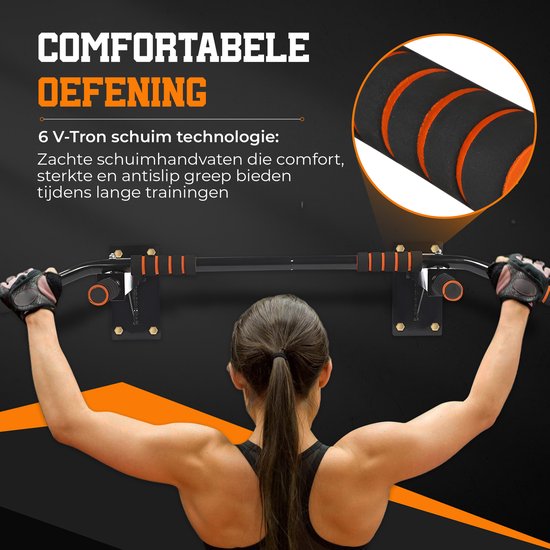 TTD® Premium Pull Up Bar – Wandmontage Dip Station – Tot 250KG – Home Workout – Zwart/Oranje