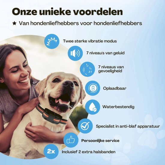 Anti Blafband Pro - Opvoedingshalsband Zonder Schok - voor Kleine en Grote Honden - Waterdicht - Oplaadbaar - Vibratie en Audio - 2 Extra Halsbanden
