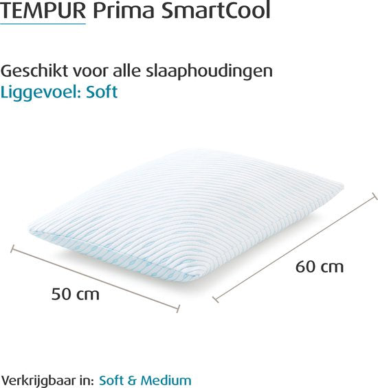 TEMPUR - Prima SmartCool Hoofdkussen Soft - 60 x 50 cm - Wit Textiel - SmartCool Technology - Slaapkamer & Rust - Drukverlagend en verkoelend