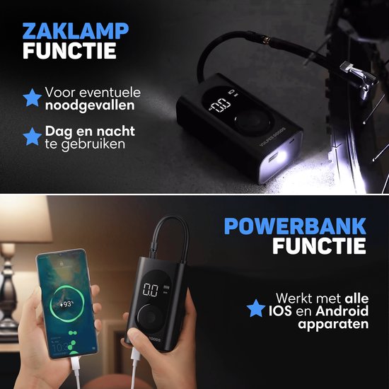 Vulpes Goods® Tech - Draagbare Compressor Bandenpomp - 6400mAh - Elektrische Fietspomp - Luchtcompressor voor Auto, Scooter, Fiets, Bal en Luchtbed - Incl. 7 opzetstukken - Zaklamp - Powerbank - Reiskoffer - PRO