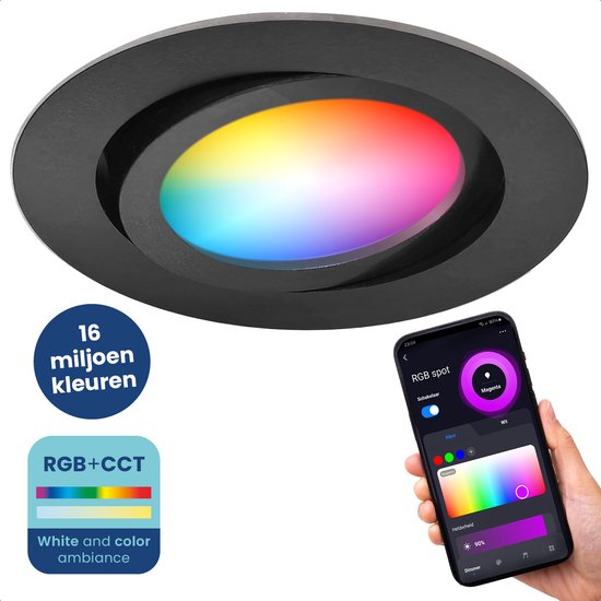 Gologi Slimme Inbouwspots - Smart LED Downlight Dimbaar - Kantelbaar - RGB+CCT Licht - Gu10 LED Lamp - Zwart