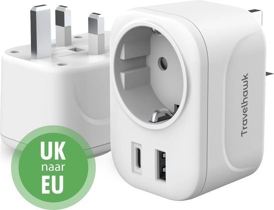 Travelhawk Reisstekker Engeland/UK - Wereldstekker - Wereldstekkers - Reisstekker Type G - USB-C & USB-A - Wit