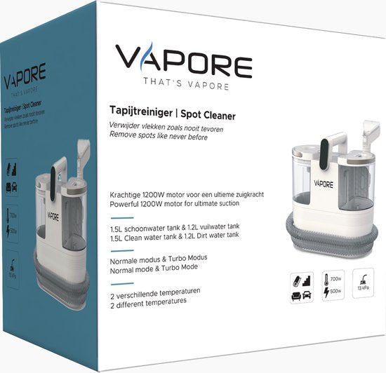 Vapore Vlekkenreiniger – 1200W – Tapijten, Meubels & Auto-interieurs – 12.000 Pa Zuigkracht – Zelfreinigend – Flexibele Slang 1,79 m