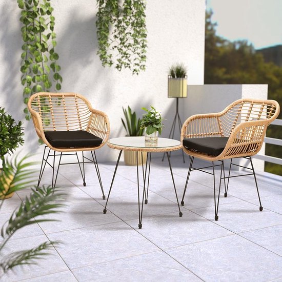 Casaria Tuinset Bali 3 Delig – 1 Tafel & 2 Stoelen – Naturel Zwart