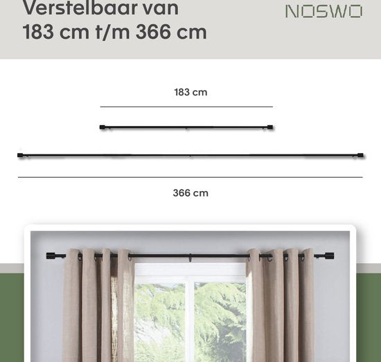 Noswo Gordijnroede - Uitschuifbaar - 183 tot 366 cm - Gordijnstang - Gordijnrails Compleet - Metaal - 300cm - Zwart
